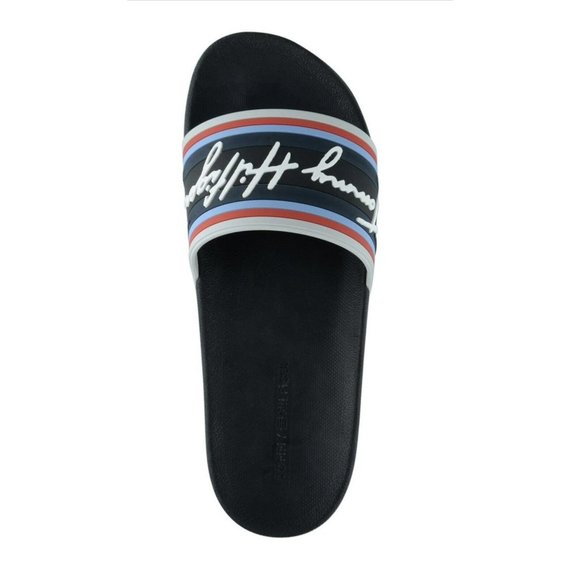 TOMMY HILFIGER Stripe Slip On Slides Shower Shoes Pool Slides Men 11 Black